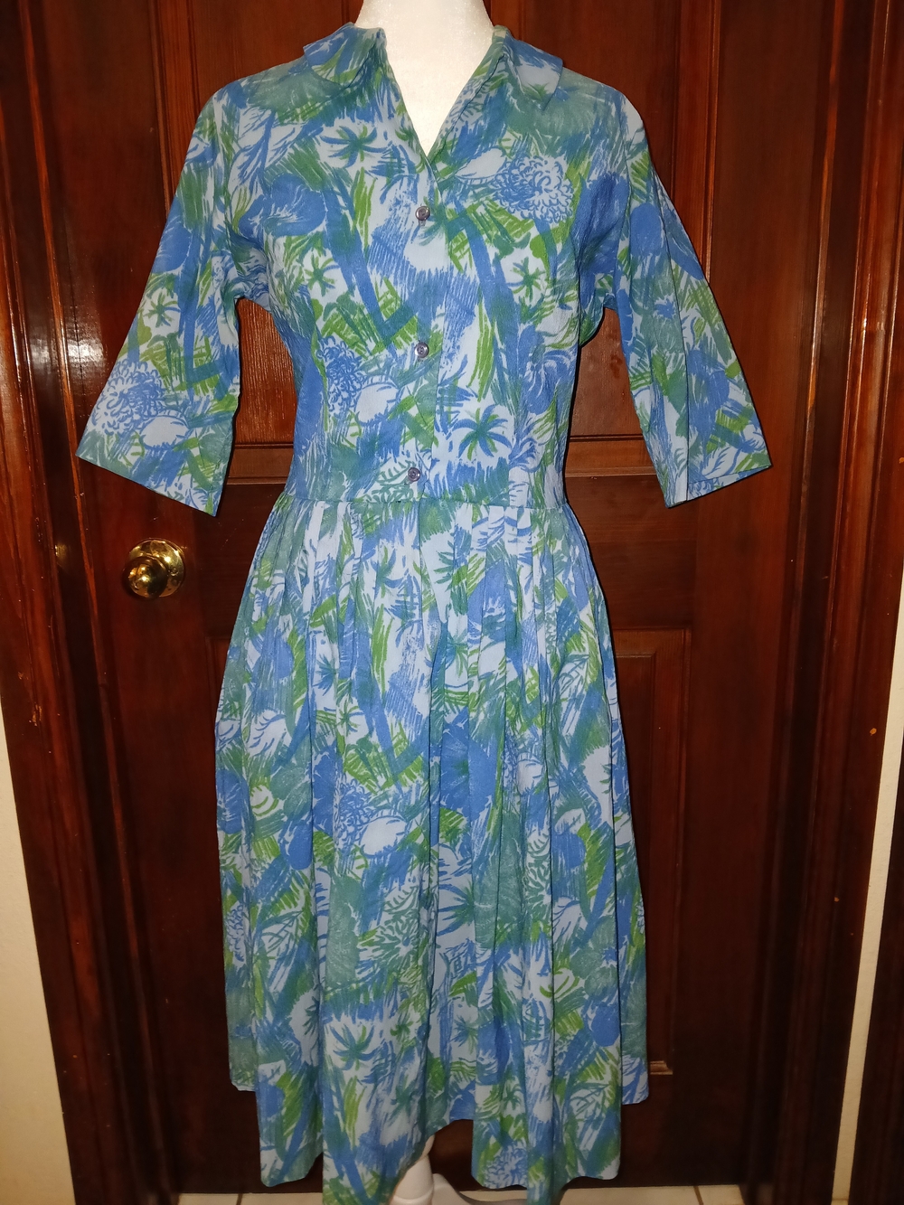 Vintage 1960s Blue & Green Floral Shirtwaist Dress Md